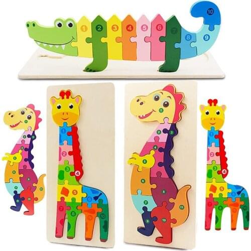 Baby Wooden 3D Puzzle Dinosaur Giraffe Animal Number Jigsaw Wood Puzzle Game Children Kids Montessori Educational Toy Child Gift