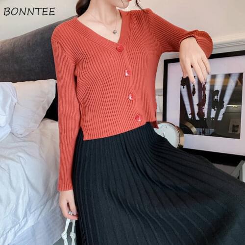 Cardigan Women 7 Colors Crop V-neck Solid Single Breasted Knitting Side-slit Elegant Fashion Korean Style Female All-match Slim