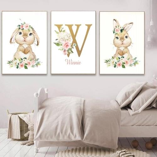 Personalized Girl Name Wall Poster Nursery Wall Art Print Flower Rabbit Canvas Painting Animals Pictures for Baby Bedroom Decor