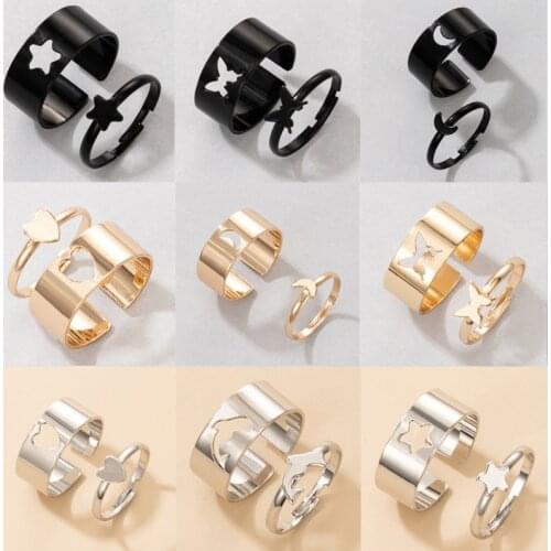 Tocona New Trendy Butterfly Moon Joint Ring Sets for Women Hollow Heart Star Alloy Metal Couples Ring Wedding Jewelry Anillo