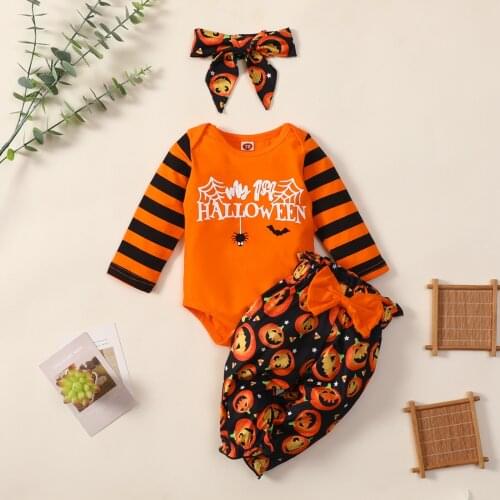 Halloween Baby Girl’s Tops and Trousers Suit Fashion Letter Romper and Pumpkin Print Long Pants with Headband Autumn 2021