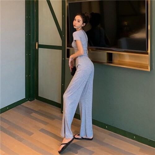 Summer Cute Home Suit Homewear for Women Nightgown Slim T-Shirt+Long Pant Female Solid Color Gray Casual Cotton Pajama Sets
