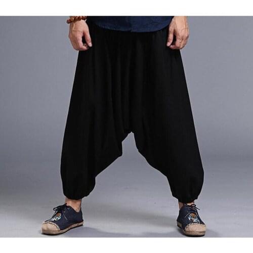 Men Linen Pants Bloomers Male Casual Travel Harem Pants Fluid Big Crotch Pants Indian Nepal Baggy Pants