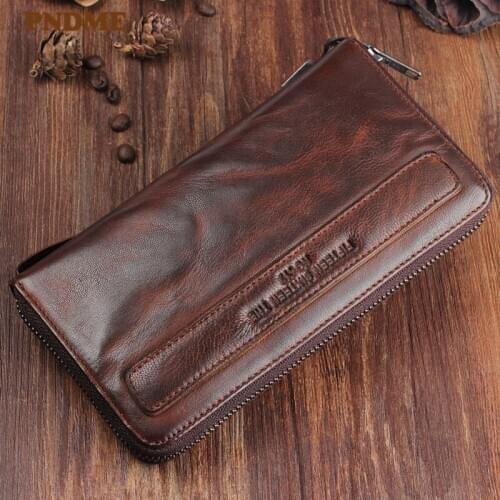 Handmade sheepskin retro mens long wallet fashion zipper pleated womens genuine leather soft youth phone clutch coin purse