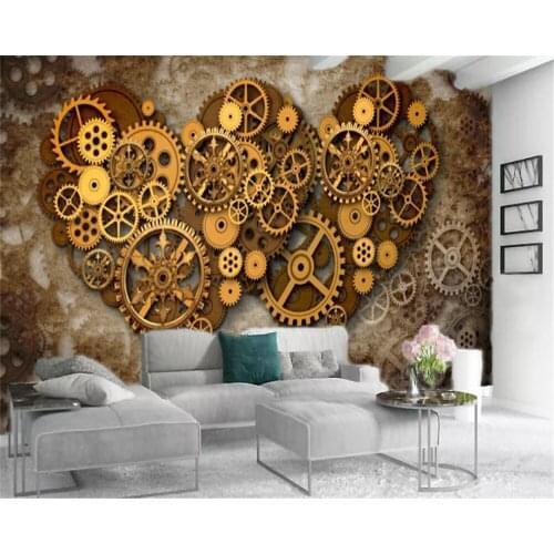 Custom 3D Photo Wallpaper Golden Gear Love Illustration Retro Digital Printing HD Decorative Beautiful Wallpaper