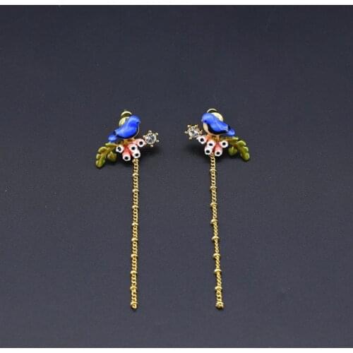 Rhythm Forest Earrings Enamel Glaze Blue Bird Pink Lily of The Valley Tassel Earrings Long Blue Bird Stud Earrings Ear Clips