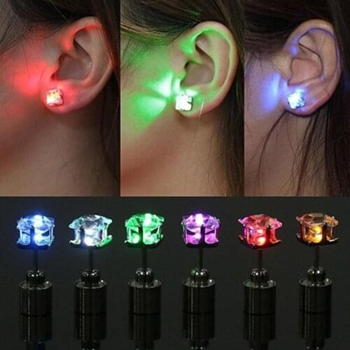 LED Light Christmas Gift Halloween Party Square Night Bling Studs Earrings Fashion Jewelry For Men Women