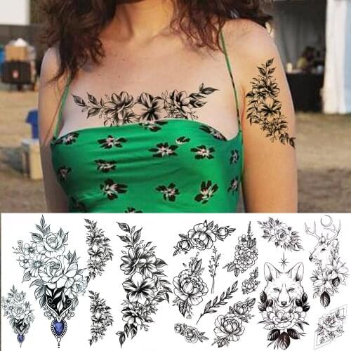 DIY Flower Temporary Tattoos For Women Girls Realistic Flora Wolf Moose Fake Jewelry Tattoo Sticker Waterproof Tatoos Dahlia
