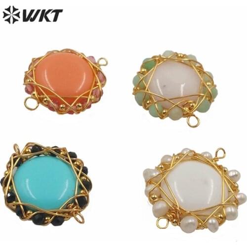 WT-C293 Newest natural stone connector multi color round stone with pearl beads connector wire wrapped connector