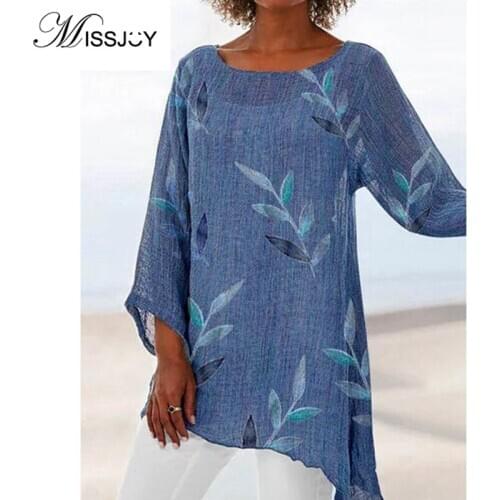 MISSJOY Casual 2020 Summer Women Tops Shirt Cotton Linen Plus Size O-Neck Loose Printed 5XL Femme Blouse White Elegant Vintage