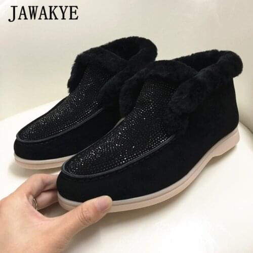 High Quality Wool Women Snow Boots Crystal Studded Flat Winter Shoes Femme Slip On Natural Fur Warm Short Boots Blingbling Boots