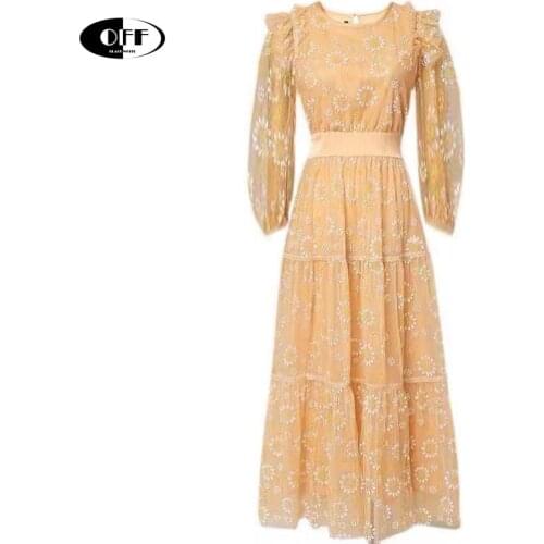 Designer Basic Vintage Sun Flower Mesh Yellow Long Dresses For Women Elegant Ruffles Party Evening Lady Maxi Dress Femme Robe ZA
