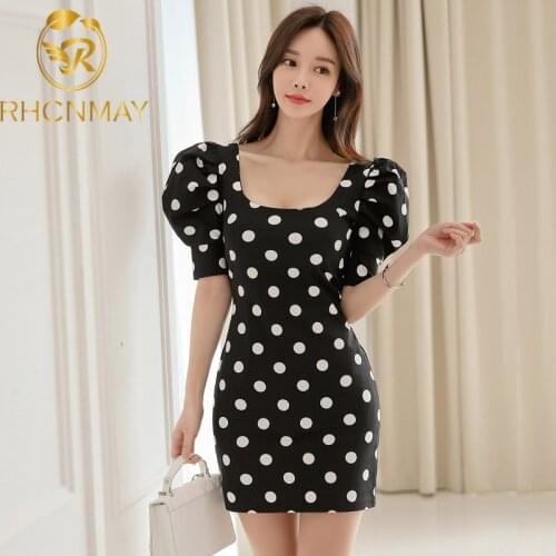 New 2020 Summer Simple Dot Short Puff sleeve Black Vintage Elegant Vestidos Business Office Bodycon Mini Pencil Dress