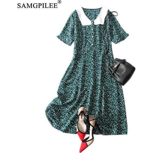Dress 2021 New Korean Style Casual A-line Print Chiffon Short Sleeve Ruffles Knee-length Empire O-neck Summer Women Dresses