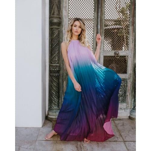 New Summer Womens Loose Large Size Chiffon Dress Gradient Halterneck Dress