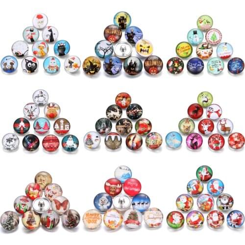 10pcs/lot Christmas Snap Jewelry Mixed Colors 18MM Glass Cabochon Snowman Santa Claus Snap Buttons Fit DIY Snap Bracelet
