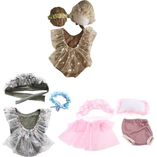 4Pcs Newborn Photography Props Suit Lace Romper Hat Pillow Headband Set Outfits