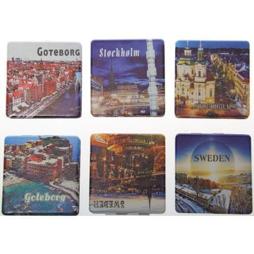 6pcs Exquisite PU+ metal Portable pocket mirror square foldable makeup mirror Architectural landscape Cosmetic mirrors