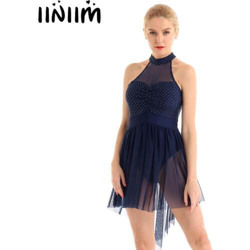 Adlut Ladies Ballerina Dance Class Dress Halter Neck Polka Dots Irregular Tulle Hem Gymnastics Leotard Dance Dress for Womens