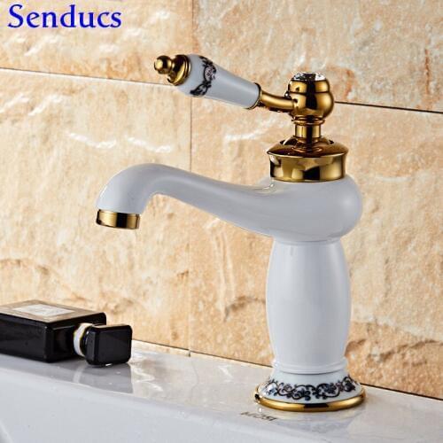 Senducs Antique Bathroom Mixer Faucet Deck Mounted Hot Cold Water Tap with Ceramic Handle Basin Faucet Antique Bathroom Faucet
