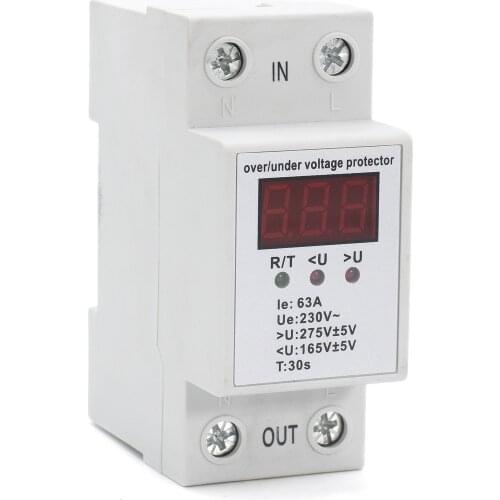 230V 63A Digital Display Din rail Automatic Reconnect Over Voltage and Under Voltage Protective Device Protector Relay