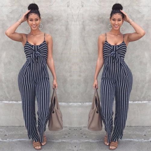 Elegant Striped Sexy Spaghetti Strap Rompers Women Sets Sleeveless Backless Bow Casual Wide Legs Jumpsuits Leotard Overall