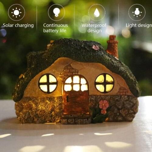 Resin Fairy House Figurine with Solar Powered LED Light Waterproof Lighting Garden Statues Lamp Decoration Ornament