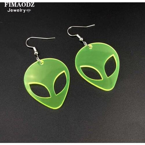 FIMAODZ Transparent Green Alien Acrylic Earrings for Women Lady Creative Fluorescent Cute UFO Alien Head Dangle Earring Jewelry