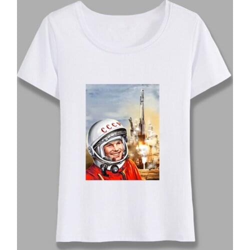 Fashion Yuri Gagarin CCCP Russian USSR Soviet Union Moscow Russia Printed T Shirt Women White Short Sleeve Casual Tshirt Tops