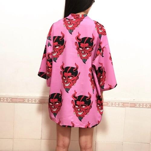 Purple Pink Japanese Demon Print Women Harajuku Cardigan Kimono Cosplay Summer Loose Shirt Tops Casual Kimonos Coat Yukata Robe