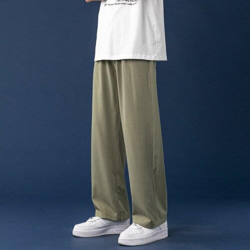 Men Summer Cool Silk Straight Pants 2021 Thin Light Wild Leg Oversize Trousers Solid Color Male Pants Clothing Korean Streetwear