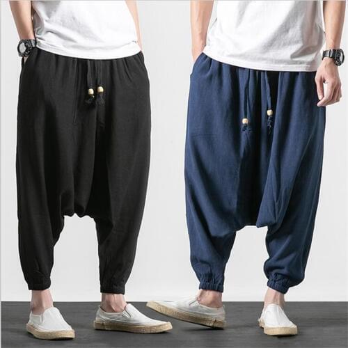 New Japan Style Men Baggy Dancing Pants Cotton Linen Harem Trousers Pure Drawstring Cross-Pants Plus Size M-7XL