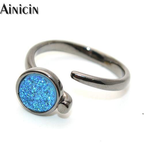 New Arrival Gun Black With Natural Drusy Crystal Blue Plating Adjustable Finger Ring For Women Party Gift Jewelry