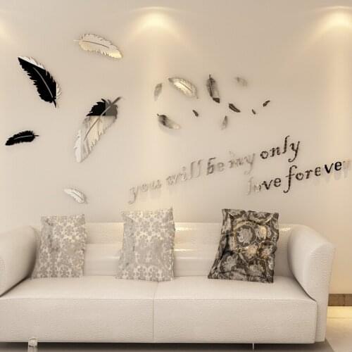 New DIY Feather Mirror Wall Stickers Large Size Decals Home Bedroom Living Wall Sticker Mural Room Acrylic Bathroom Decoration