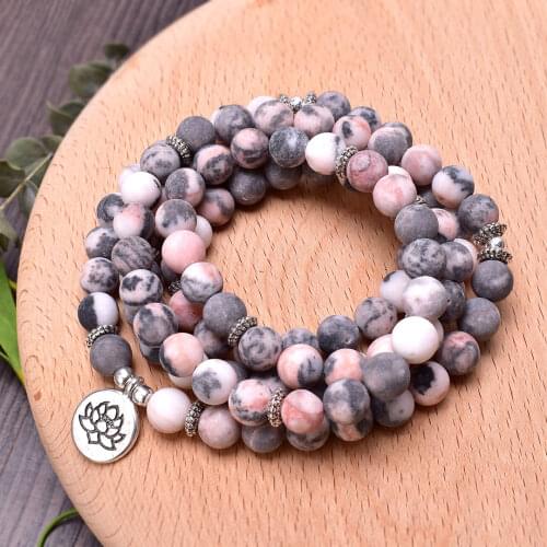 New Design Pink Zebra Jaspers Bracelet Or Necklace Women Jewelry 108 Mala With Lotus OM Buddha Charm Yoga Bracelet Dropshipping