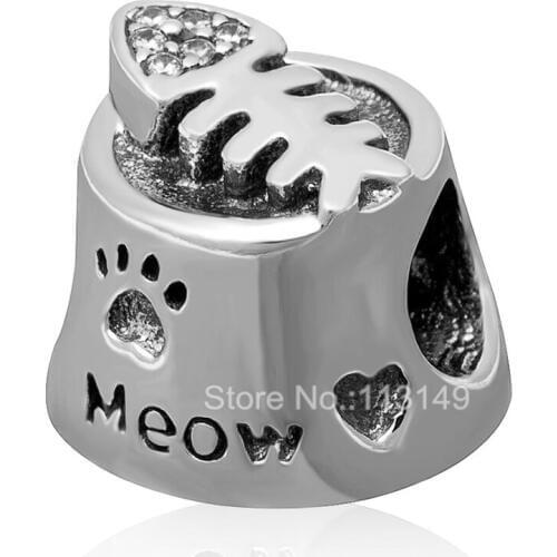 Clear Zircon Micro Pave Meow Fishbone Cat Bowl Authentic 925 Sterling Silver European Charm Beads For DIY Fine Jewelry SZPB242