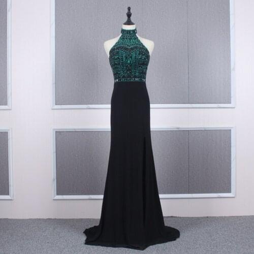 Luxury Beaded Top Black Gown High Neck Sleeveless Crystals Embellished Bodice Long Formal Prom Party Dress