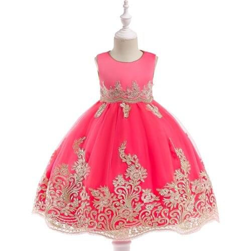 Retail Appliques Princess Girls Birthday Evening Party Gown Dress Noble Elegant Gold Line Girls Wedding Dress With Sashes