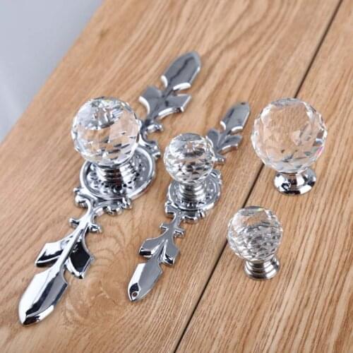 Modern fashion clear glass crystal drawer cabinet knob pull rhinestone silver chrome dresser kitchen cabinet knob with backplate