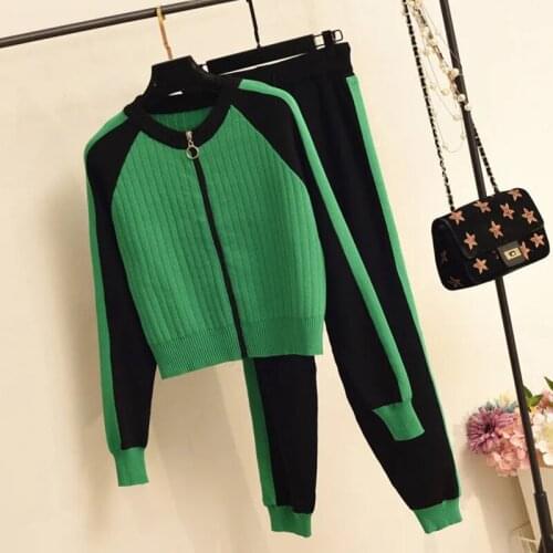 Sping Autumn Casual Knitted 2 Peice Suit Women Patchwork Long Sleeve Knitwear Cardigans Coat +Stretch Pants Korean Tracksuit
