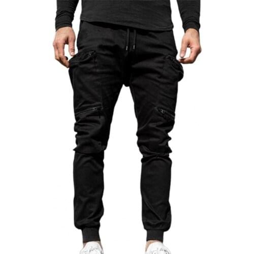 Multi Zipper Pockets Training Trousers Solid Color Comfy Skin-friendly Men Ankle Tied Mid Waist Cargo Pants for Outdoor Sports