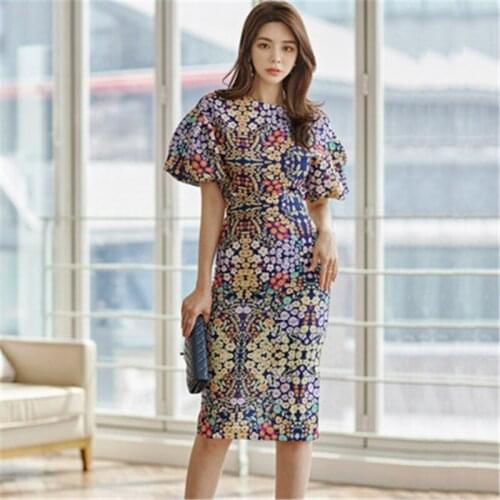 New Summer 2021 Temperament Women Geometric print Lantern Sleeve Blouse Tops&Bifurcate Pencil Skirts 2 Piece Set Suits Female