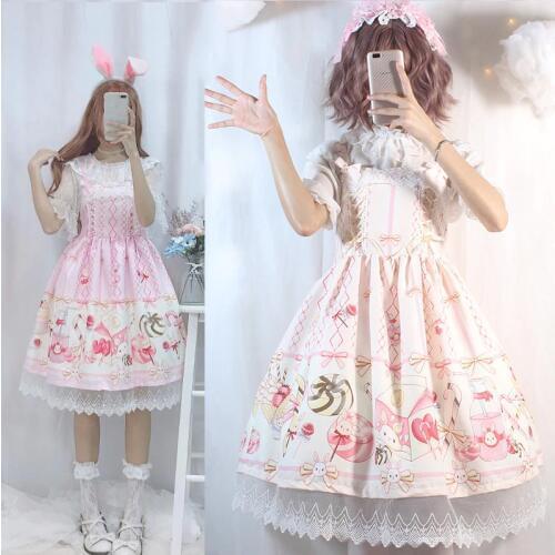 Rabbit Snack Bunny Theme Cute Womens Lolita JSK Dress Lace Trim Bows Kawaii Girls Summer Spaghetti Strap One Piece