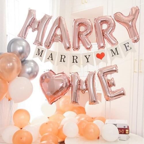 1Set 16inch Rose Gold Silver Marry Me Letter Balloons Love Heart Banner Garland Wedding Valentines Party Decoration Balloon