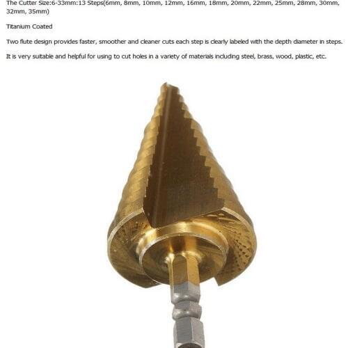 1PCS 1/4" hex 6-35mm 13 steps HSS 4241 straight step Drill Bit core drill bit TIN Coated cone Step Drill Bit Set hole cutter