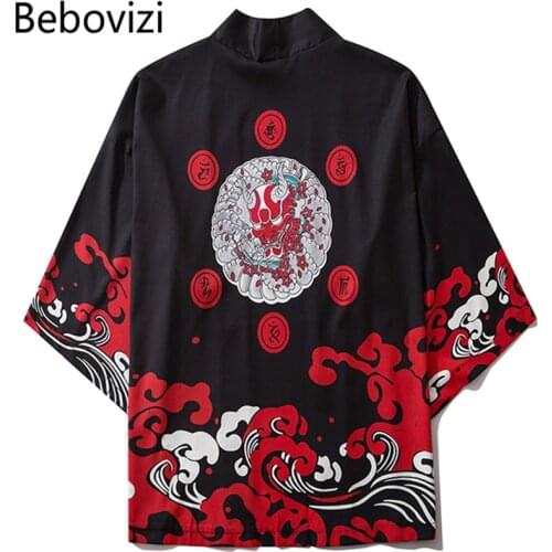 Bebovizi Harajuku Kimono 2020 Men Japanese Thin Kimono Streetwear Traditional Cardigan Samurai Yukata Demon Haori Obi Kimono