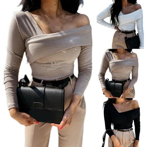 2021 New Women T-shirt Off Shoulder Oblique Neck Autumn Strapless Backless Long Sleeve Blouse Streetwear