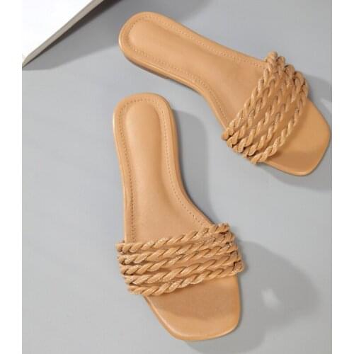 Summer Pu Solid Color Braided Strap Sandals Over-foot Slippers Female Lazy Casual Sandals Beach Flat Shoes Plus Size