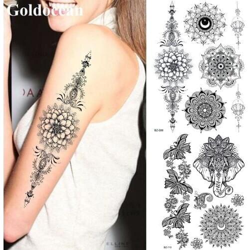 Black India Ganesha Elephant Temporary Tattoos For Adult Women Girls Mandala Henna Flower Mehndi Tattoos Stickers Wedding
