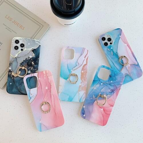 Colorful Matte Watercolor Marble Soft TPU Phone Case for iPhone 12 Mini 11 Pro XS Max XR 7 8 Plus Finger Ring Holder Stand Cover